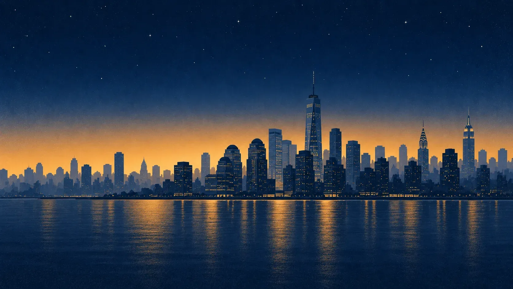 The Manhattan skyline at dusk, seen across the water.