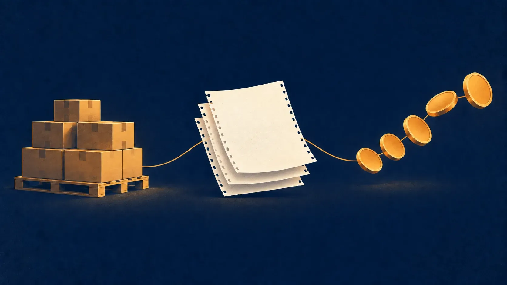 A delivered pallet of goods, an unpaid invoice, and a rising arc of gold coins, joined by a single line.